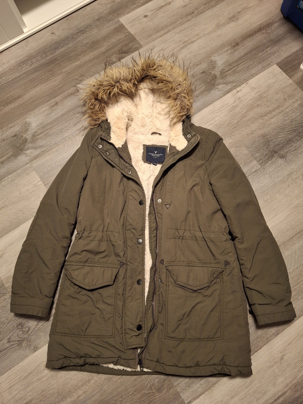 American Eagle Outfitters Olive Green Faux-Fur Hooded Parka